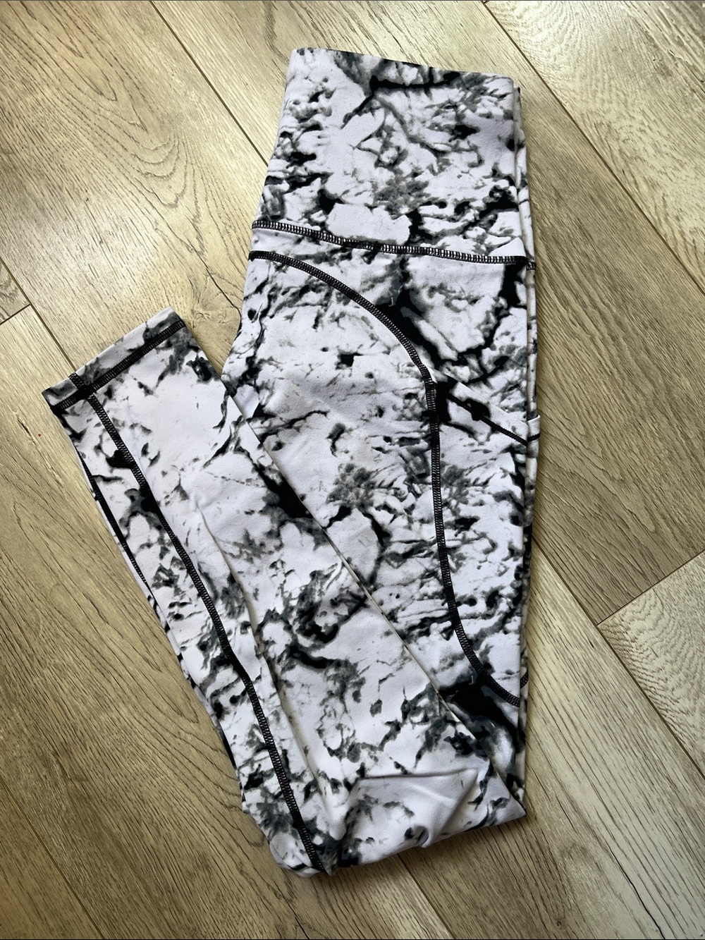 Women's Marble-Print High-Waist Yoga Pants, White & Black